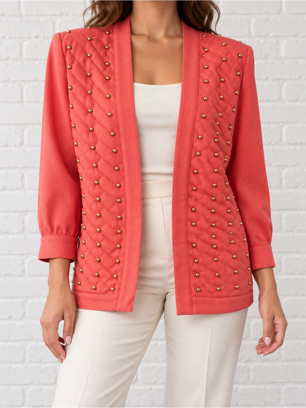 Vintage 80s Three Flags California Salmon Pink Studded Quilted Blazer 6